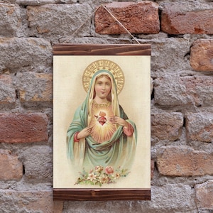 Sagrado Corazón de María Santo basado en una tarjeta sagrada francesa vintage - Impresión de arte católico Impresión de lienzo enmarcada en madera, regalo perfecto