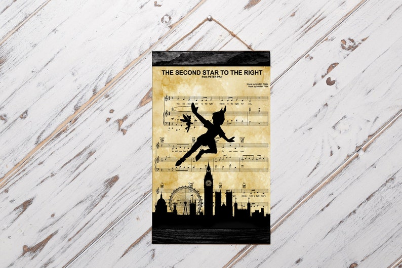Peter Pan Silhouette the Second Star on the Right Sheet Music Art Print ...
