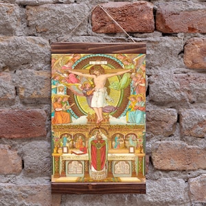 La Santa Messa basata su una stampa vintage su tela con cornice di legno di arte cattolica