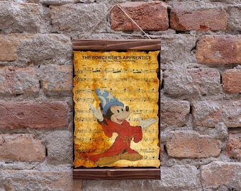 Stampa artistica su tela di Topolino, l'apprendista stregone, Fantasia, spartiti, stampa su tela con cornice in legno