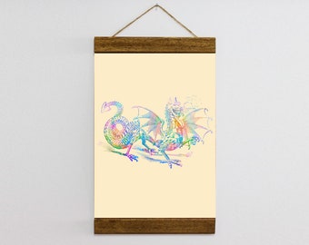 Chinese Dragon Watercolor Multicolor  Wood Framed Canvas Print Wall Art illustration