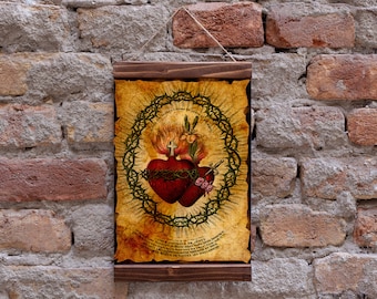 Hearts of the Holy Family based on a Vintage French Holy Card – Catholic Art Print  Wood Framed Canvas Print, Perfect Gift