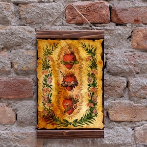 Corazones de la Sagrada Familia basados en una tarjeta sagrada francesa vintage - Impresión de arte católico Impresión de lienzo con marco de madera, regalo perfecto