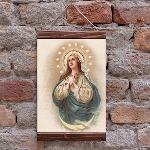María Inmaculada basada en una Estampilla Sagrada Francesa Vintage – Impresión de Arte Católico Impresión de Lona Enmarcada en Madera, Regalo Perfecto