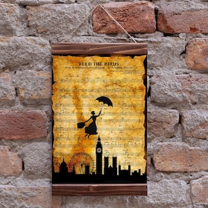 Mary Poppins Over the City Silhouette Feed the Birds Sheet Music Art Print, Wood Framed Canvas Print