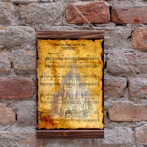 Castle When You Wish Upon A Star Nuty Art Print na Starym Tle, Wydruk Na Płótnie W Ramie Drewnianej, Dekoracja Ścienna Do Pokoju Dziecięcego