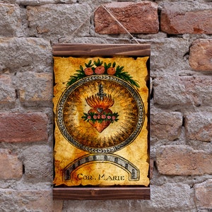 Corazones de la Santa María basados en una tarjeta sagrada francesa vintage - Impresión de arte católico Impresión de lienzo con marco de madera, regalo perfecto