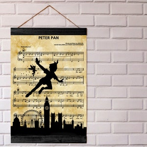 Peter Pan Silhouette &quot; Peter Pan &quot; Sheet Music Art Print, Black Wood Framed Canvas Print