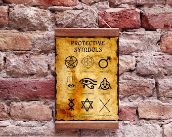 May include: A framed print with a vintage parchment background featuring nine protective symbols, including the Pentacle, Solar Cross, Mars sign, Hamsa, Eye of Horus, Triquetra, Hexagram of Solomon, Crossed Spears, and a symbol labeled "Sigrune (rune)". The text "PROTECTIVE SYMBOLS" is at the top of the print.