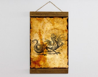 May include: A vintage style illustration of a dragon with wings outstretched on a parchment background. The dragon is black and white and has a detailed design.