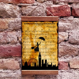 Mary Poppins Silhouette Supercalifragilisticexpialidocious Sheet Music Art Print, Wood Framed Canvas Print