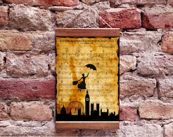 Mary Poppins Silhouette Supercalifragilisticexpialidocious Sheet Music Art Print, Wood Framed Canvas Print