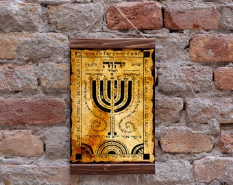 SHIVITI Amuleto de protección de la Cábala hebrea antigua, impresión en lienzo con marco de madera, talismán de la Cábala, decoración de pared judaica, regalo