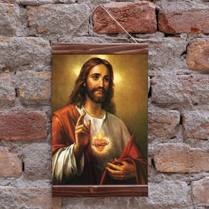 Jésus-Christ Sacré-Cœur de Jésus Impression sur toile encadrée en bois, cadeau chrétien parfait