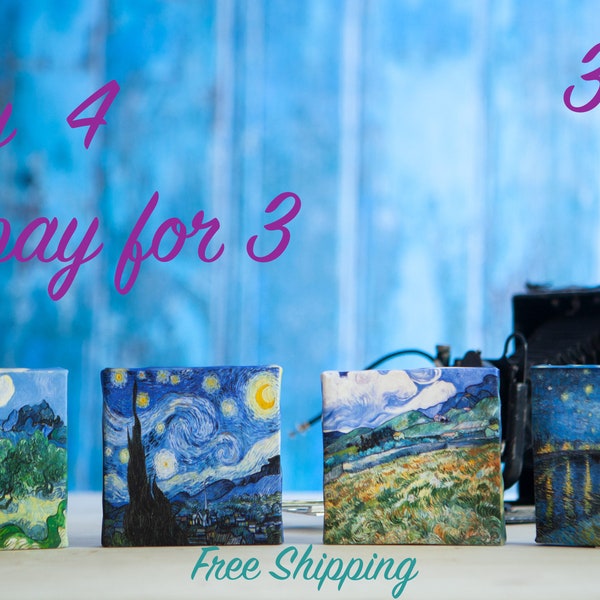 Set of 4 Vincent Willem van Gogh Small Canvas Prints at The Price of 3, Print on Tiny Canvas, mini canvas 4" x 4" (10cm x 10cm) print