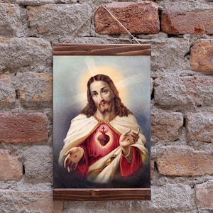 Impression sur toile encadrée en bois de Jésus-Christ Sacré-Cœur de Jésus, cadeau chrétien parfait