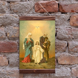La Sainte Famille Basé sur une carte sainte vintage Impression d’art catholique Gravure sur toile encadrée en bois