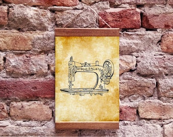 Vintage Sewing Machine Illustration Wood Framed Canvas Print, Sewing Room Decor Poster