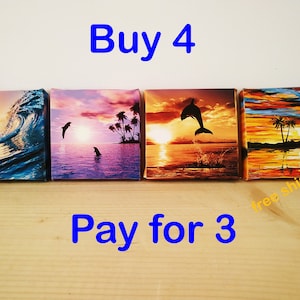 Set of 4 Tropical  Sunset Landscape Small Canvas Prints, Print on Tiny Canvas, mini canvas 4&quot; x 4&quot; (10cm x 10cm) print