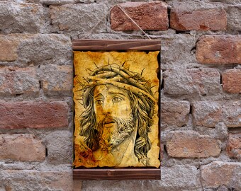 The face of Jesus Christ With a Crown of Thorns Illustration on Aged Background Picture Christian Catholic Religion Wood Framed Canvas Print