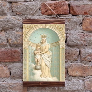 Onze Lieve Vrouw van de Overwinning Heilige Kaart Gebaseerd op een Vintage Heilige Kaart Katholieke Kunst Print Hout Ingelijst Canvas Print