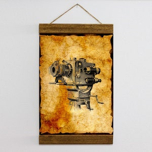 Vintage FilmKamera Illustration Holz Gerahmt Leinwand Druck, Film Liebhaber Geschenk, Vintage Film Wand Kunst Dekor, Fertig zum Aufhängen