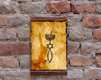 Symbol of Messianic Judaism Talisman Amulet  Wood Framed  Canvas Print, Christian Jews Housewarming Gift Idea