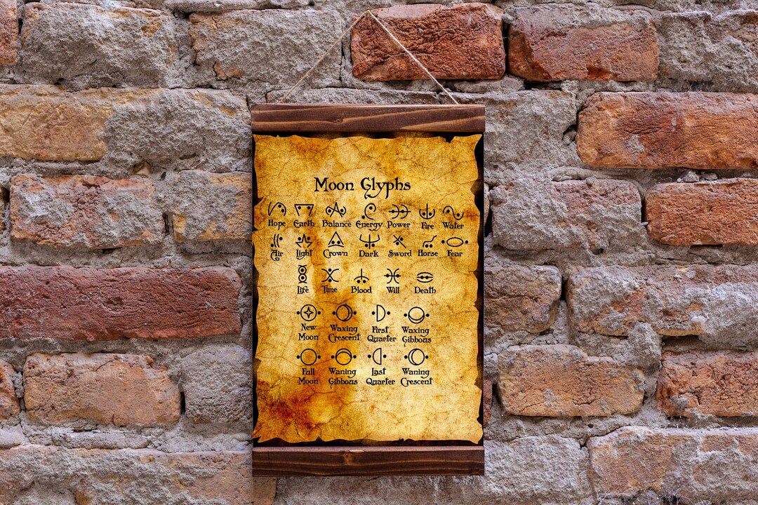 Moon Runes Language Moon Glyphs Runes Ancient Symbols on Aged Background Wood Framed Canvas ...