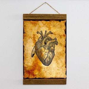 Vintage Human Heart Illustration Wood Framed Canvas Print, Anatomy Theme Wall Art Decor for Cardiology Cabinet , Doctor Gift Idea