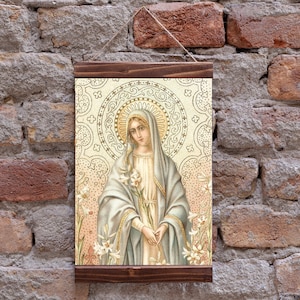 Notre-Dame des Lys Basé sur une carte sainte vintage Art Catholique Print Wood Framed Canvas Print