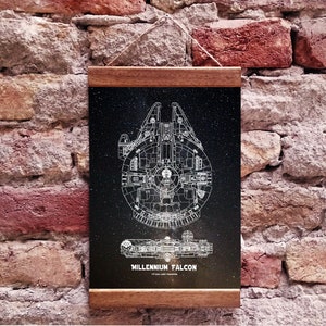 Millennium Falcon Patent Blueprint Rogue One Wood Framed Canvas Print, Han Solo,  Jedi Geek Room Wall Decor