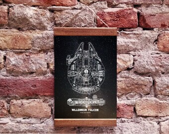 Millennium Falcon Patent Blueprint Rogue One Wood Framed Canvas Print, Han Solo,  Jedi Geek Room Wall Decor