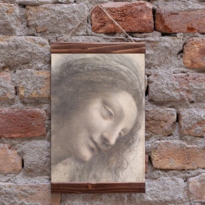 Głowa Matki Boskiej w widoku z trzech czwartych zwrócona w prawo, Leonardo da Vinci, 1508–12, Matka Jezusa, wydruk na płótnie w ramie drewnianej