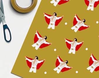 Elvis Rolled Tube Wrapping Paper - 1 2 5 METRE ROLL or 1 SHEET - Birthday Gift Wrap Funny Music Fan 60s 70s Mum Dad Gold Celebrity