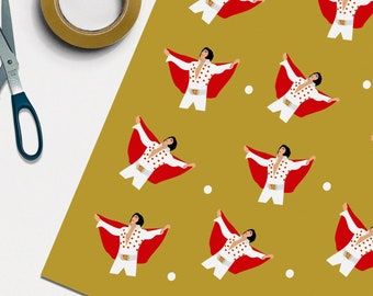 Elvis Rolled Tube Wrapping Paper - 1 2 5 METRE ROLL or 1 SHEET - Birthday Gift Wrap Funny Music Fan 60s 70s Mum Dad Gold Celebrity