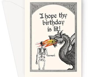 I Hope Thy Birthday is Lit A5 Greeting Card Tavern Mead Drink Medieval Funny Pun Trend Meme Old English Dragon Fire Knight