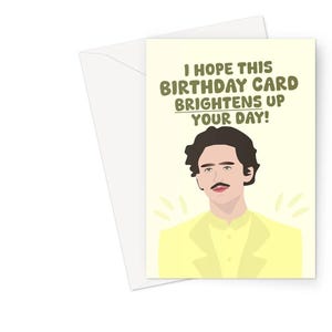 ¡Espero que esta tarjeta de cumpleaños te alegre el día! Tarjeta de felicitación A5 Timothee Chalamet Actor de cine Celebridad Traje amarillo Divertido Meme Fan