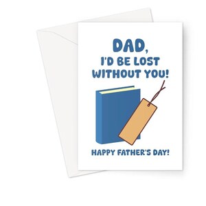 Op de afbeelding: Een witte kaart met een blauw boek en een bruin bladwijzer. De kaart zegt "Papa, ik zou verloren zijn zonder jou! Fijne Vaderdag!"