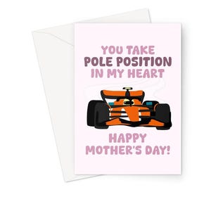 A5-wenskaart moeder, je neemt pole position in my heart, Moederdag, snel racen, rijden grappig fanmeme Lando Norris nummer één