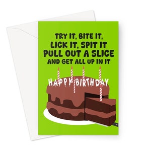Try It, Bite It, Lick It Happy Birthday Kuchen A5 Grußkarte Grußkarte Grün Social Media Lustig Frech Musik Fan