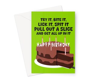 Try It, Bite It, Lick It Happy Birthday Cake A5 Greeting Card Green Social Media Funny Cheeky Music Fan