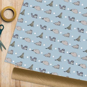 Carta da regalo arrotolata Chonky Cute Seals - ROTOLO DA 1, 2, 5 METRI o 1 FOGLIO - Confezione regalo di compleanno Cute Japan Seal Kawaii Sea Zoo