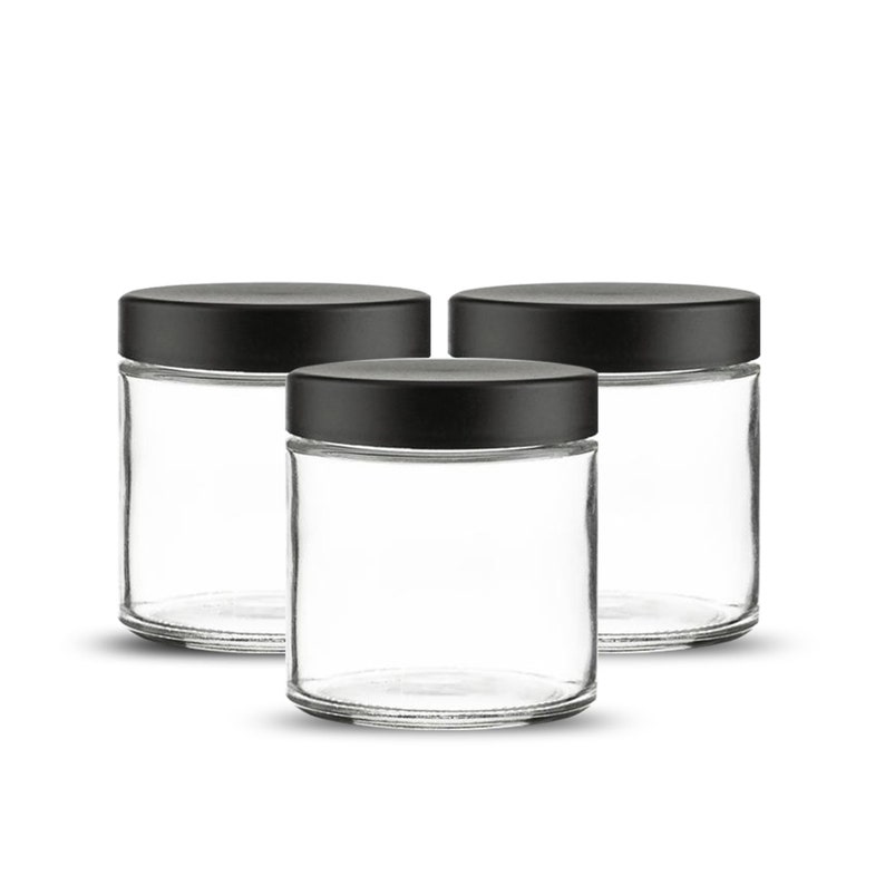 Round Clear Glass Jar 3oz with Black Lid image 1