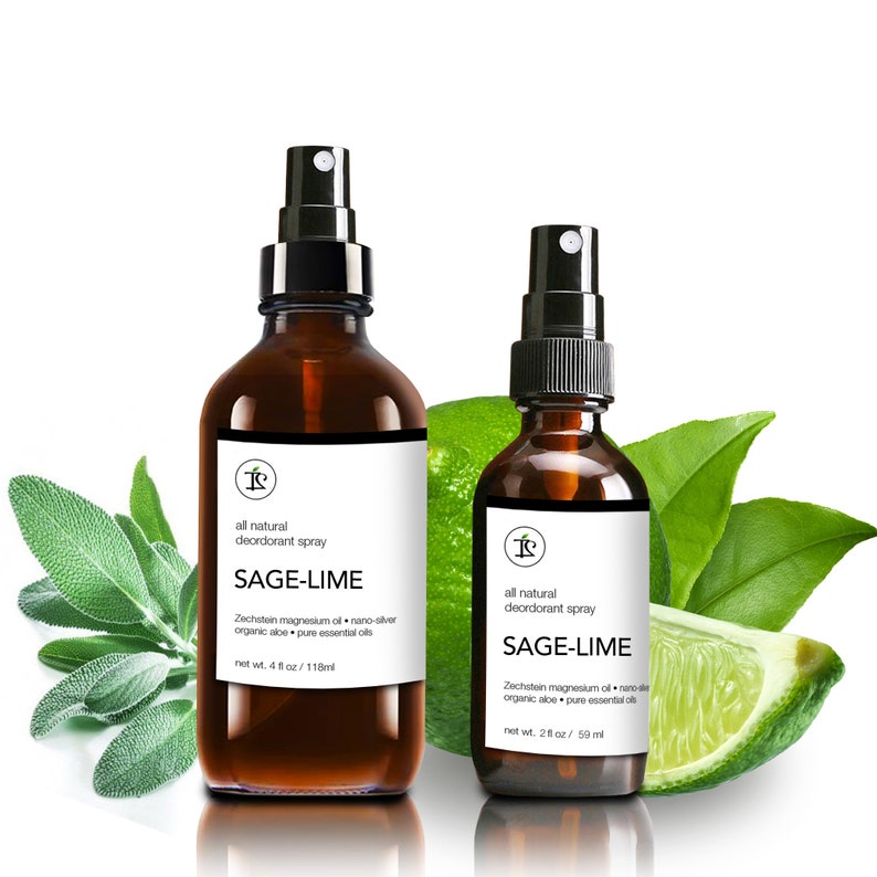 All Natural Deodorant Spray with Organic Aloe, Nano-Silver, Magnesium Oil, Essential Oils Glass Bottle 2 fl oz or 4 fl oz Sage-Lime