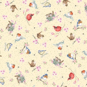 May include: A repeating pattern featuring watercolor illustrations of various birds, including cardinals, bluebirds, and robins, perched on branches with pink blossoms. The background is a light yellow with small black speckles.