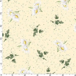 May include: A seamless fabric pattern featuring white daisies with yellow centers on a light yellow background with small black dots. The daisies are arranged in clusters with green leaves.