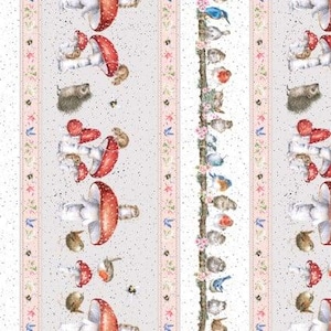 May include: A seamless pattern featuring a repeating design of red and white mushrooms, birds, and hedgehogs. The background is a light gray with a subtle speckled texture. The pattern is perfect for fabric, wallpaper, or wrapping paper.