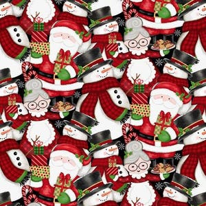 May include: A festive Christmas-themed pattern featuring Santa Claus, snowmen, and Mrs. Claus. Santa wears a red suit and holds a gift. Snowmen have black top hats and red plaid scarves. Mrs. Claus wears glasses and holds cookies. The background is black.