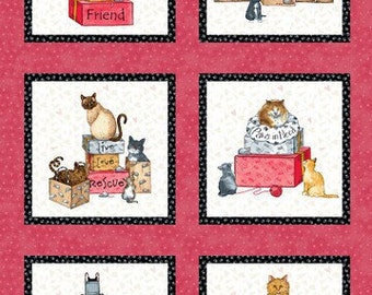 May include: A pink and white fabric with a repeating pattern of black squares and white polka dots.  The fabric features six squares with images of cats and boxes with text that says "My Best Friend", "Don't Buy Love Rescue", "Five Live Rescue", "Paw Prints", "Don't Stop Adopt", and "Just Rescue".