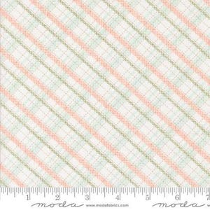 May include: A fabric swatch featuring a diagonal plaid pattern in shades of white, peach, and green. The design includes intersecting lines and a subtle grid, creating a textured appearance. The fabric is suitable for quilting and crafting projects.
